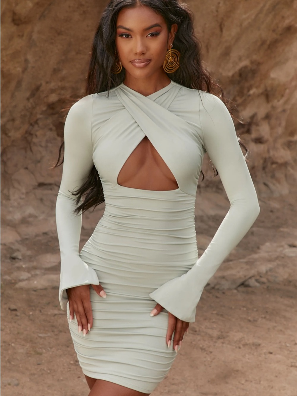 Oh Polly Sage Green Ruched Long Sleeve Bodycon Dress